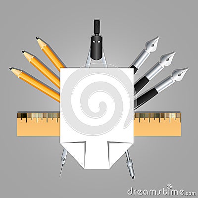 Set of educational decoration tools. Sheets of paper, pencils, pens, ruler and compass. Designed as heraldry for students and teac Cartoon Illustration