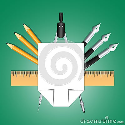 Set of educational decoration tools. Sheets of paper, pencils, pens, ruler and compass. Designed as heraldry for students and teac Cartoon Illustration