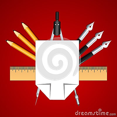 Set of educational decoration tools. Sheets of paper, pencils, pens, ruler and compass. Designed as heraldry for students and teac Cartoon Illustration