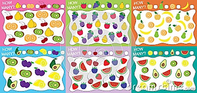 Set of educational games for kids 6 in 1. How many objects fruits counted? Vector illustration Vector Illustration