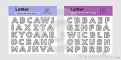 Set educational worksheets for kids kindergarten, preschool and school age. Letters. Find and color Cartoon Illustration