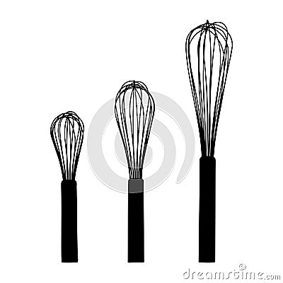 Set of egg whisks, three sizes, black silhouette Vector Illustration