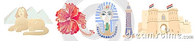 Set of 5 egyptian icon great symbols - pyramids and sphinx, hibiscus, mask of pharaoh Vector Illustration