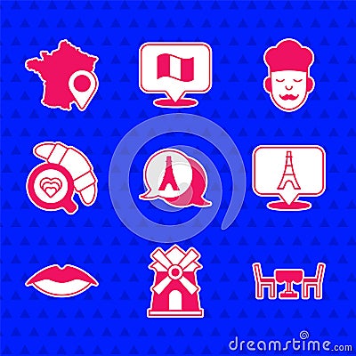 Set Eiffel tower, Windmill, French cafe, Smiling lips, Coffee cup with croissant, Cook and Map France icon. Vector Stock Photo