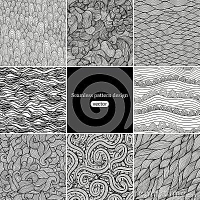 Set of eight black and white wave patterns (seamlessly tiling).S Vector Illustration