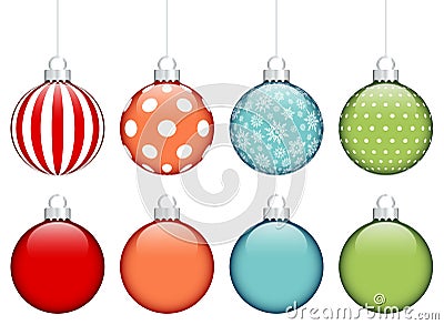 Set Of Eight Christmas Baubles Pattern And Monochrome Red Orange Blue Green Vector Illustration