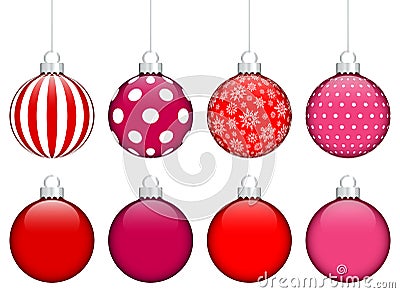 Set Of Eight Christmas Baubles Pattern And Monochrome Red Pink Vector Illustration