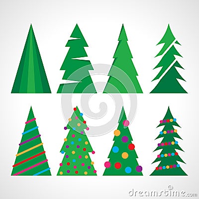 Set of eight Christmas tree with Christmas balls and decorations Vector Illustration