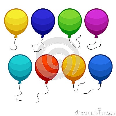Set of eight colorful balloons with a string isolated Vector Illustration