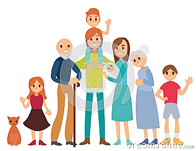 Set of eight happy family members isolated on white background. Cartoon Illustration