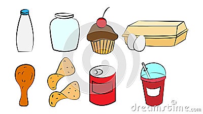 A set of eight icons of items of delicious food and snacks for a cafe bar restaurant on a white background: milk, can, cupcake, Vector Illustration