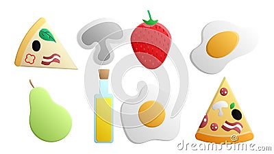 A set of eight icons of items of delicious food and snacks for a cafe bar restaurant on a white background: pizza, mushrooms, Vector Illustration