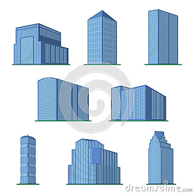 Set of eight modern high-rise building on a white background Vector Illustration