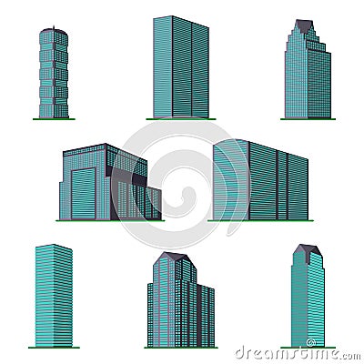 Set of eight modern high-rise building on a white background Vector Illustration