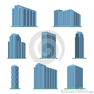 Set of eight modern high-rise building on a white background. Vector Illustration