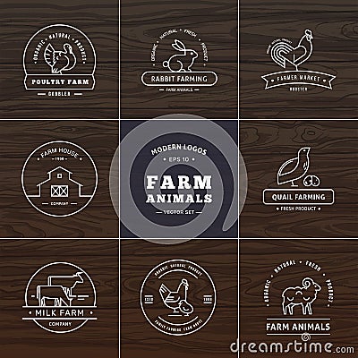 Set of eight modern linear style logos with farm animals with space for text or company name Vector Illustration
