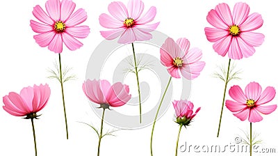 Set of eight pink Cosmos bipinnatus flowers of different patterns Stock Photo