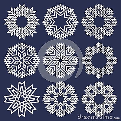 Set of eight pointed circular patterns in Oriental intersecting lines style. Nine white mandalas in snowflakes form on blue backgr Vector Illustration