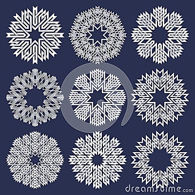 Set of eight pointed circular patterns in Oriental intersecting lines style. Nine white mandalas in snowflakes form Vector Illustration