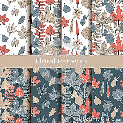 Set with eight seamless vector floral patterns with hand drawn leaves. design for packaging, covers, textile Vector Illustration