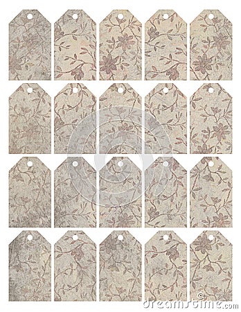 Set of eight shabby chic grungy floral tags Stock Photo