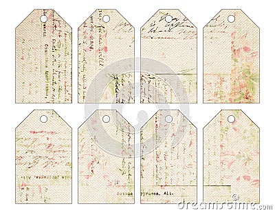 Set of eight shabby chic grungy vintage Christmas tags with antique handwriting Stock Photo