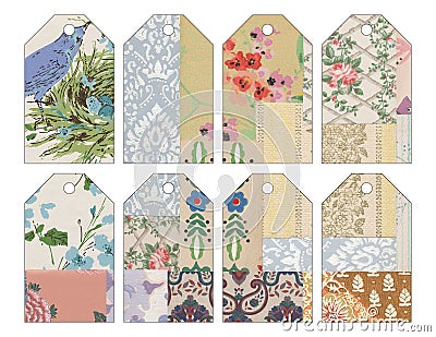 Set of eight 8 shabby chic grungy vintage wallpaper collaged tags Stock Photo