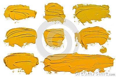 Set of eight textured yellow oil paint brush stroke Stock Photo