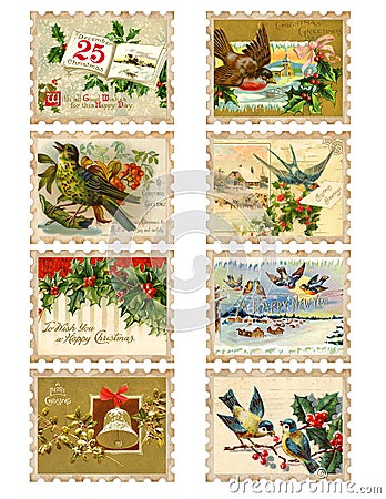 Set of eight vintage Christmas bird holly stamps Stock Photo