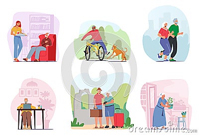 Set Elderly Characters Lifestyle. Old Men and Women Jogging, Riding Bicycle, Use Pc, Travel, Care of Houseplant, Jogging Vector Illustration