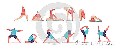 Set Of Elderly People Active Healthy Lifestyle, Senior Male Female Characters Practicing Yoga And Meditation Activities Vector Illustration