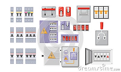 Set Electric Breaker Switchbox Electricity or Energy Equipment Red Buttons, Contact-breaker Isolated on White Background Vector Illustration