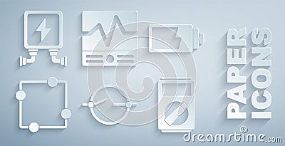 Set Electric circuit scheme, Battery charge level indicator, Multimeter, Electrical measuring instruments and Vector Illustration