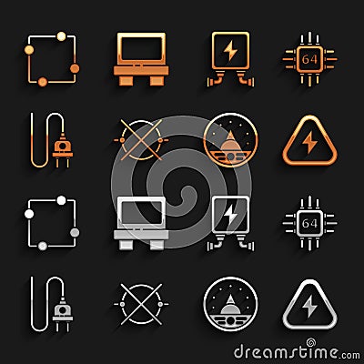 Set Electric circuit scheme, Processor with microcircuits CPU, High voltage, Ampere meter, multimeter, voltmeter, plug Vector Illustration