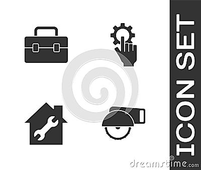 Set Electric circular saw, Toolbox, House repair and Settings in the hand icon. Vector Vector Illustration