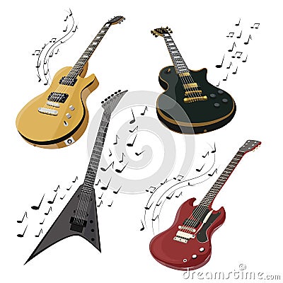 Set of electric guitars makes a sound. Collection colored guitar with notes. Musical instrument. Musical emblem Vector Illustration