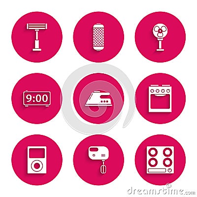 Set Electric iron, mixer, Gas stove, Oven, Music player, Digital alarm clock, fan and heater icon. Vector Vector Illustration