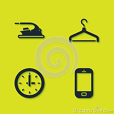 Set Electric iron, Mobile phone, Clock and Hanger wardrobe icon. Vector Stock Photo