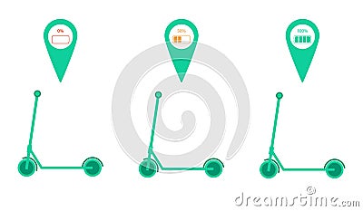 Set of 3 electric kick scooters with map location pin and battery charge indicator. Vector illustration. Vector Illustration