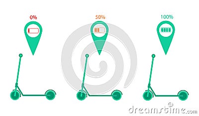 Set of 3 electric kick scooters with map location pin and battery charge indicator. Vector illustration. Vector Illustration