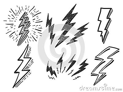 Set of electric lightning, thunder bolt in doodle style. isolated on white background Vector Illustration