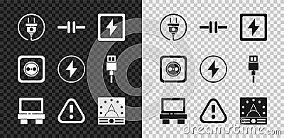 Set Electric plug, circuit scheme, Lightning bolt, Fuse, Exclamation mark triangle, Ampere meter, multimeter, voltmeter Vector Illustration