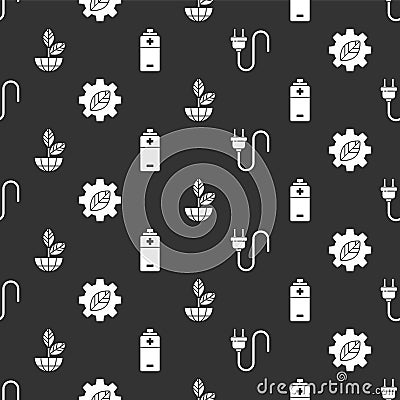 Set Electric plug, Leaf plant in gear machine, Earth globe and plant and Battery on seamless pattern. Vector Vector Illustration