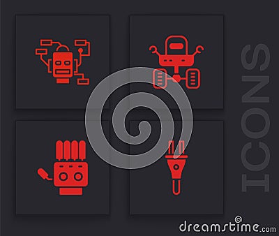 Set Electric plug, Robot, Mars rover and Mechanical robot hand icon. Vector Vector Illustration