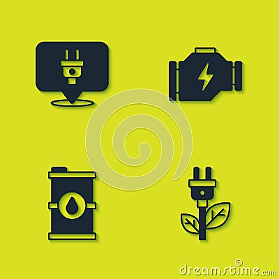 Set Electric plug, saving in leaf, Bio fuel barrel and Check engine icon. Vector Vector Illustration