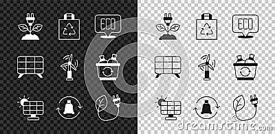 Set Electric saving plug in leaf, Shopping bag with recycle, Leaf Eco symbol, Solar energy panel, Garbage, and Wind Vector Illustration