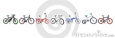 Set of electric, urban, cruiser, MTB and folding bikes placed in single line isolated with clipping path Stock Photo
