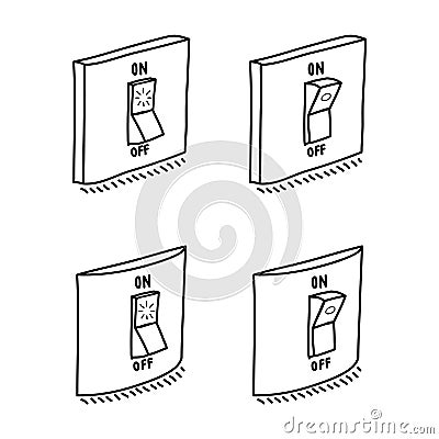 Set of electric wall switch in ON and OFF mode. Hand drawn sketch, isolated on white. Vector Vector Illustration