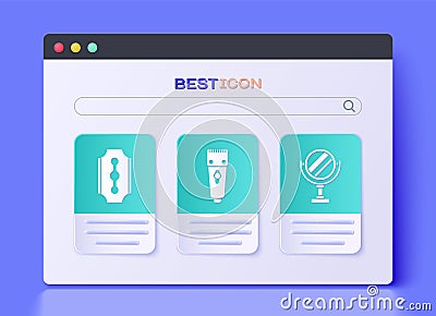 Set Electrical hair clipper or shaver, Blade razor and Round makeup mirror icon. Vector Vector Illustration