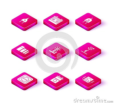 Set Electrical outlet, Car battery, Battery, Wind turbine, Ampere meter, multimeter, voltmeter, High voltage power pole Vector Illustration